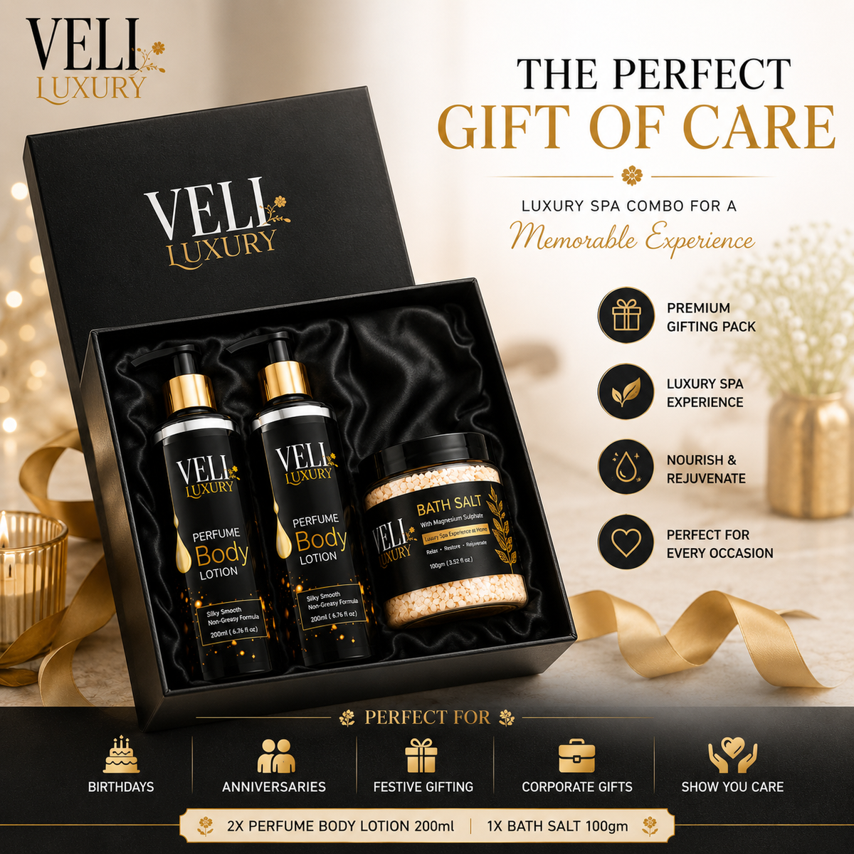 VELI Luxury Perfume Body Lotion Gift Set – 2 Lotions + Bath Salt