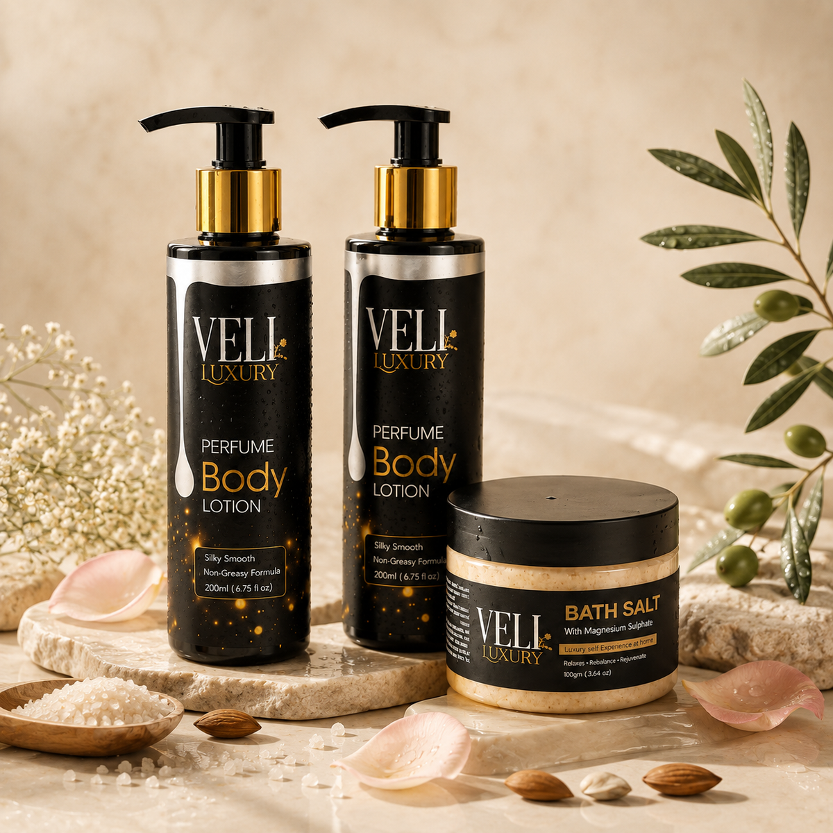 VELI Luxury Perfume Body Lotion Gift Set – 2 Lotions + Bath Salt