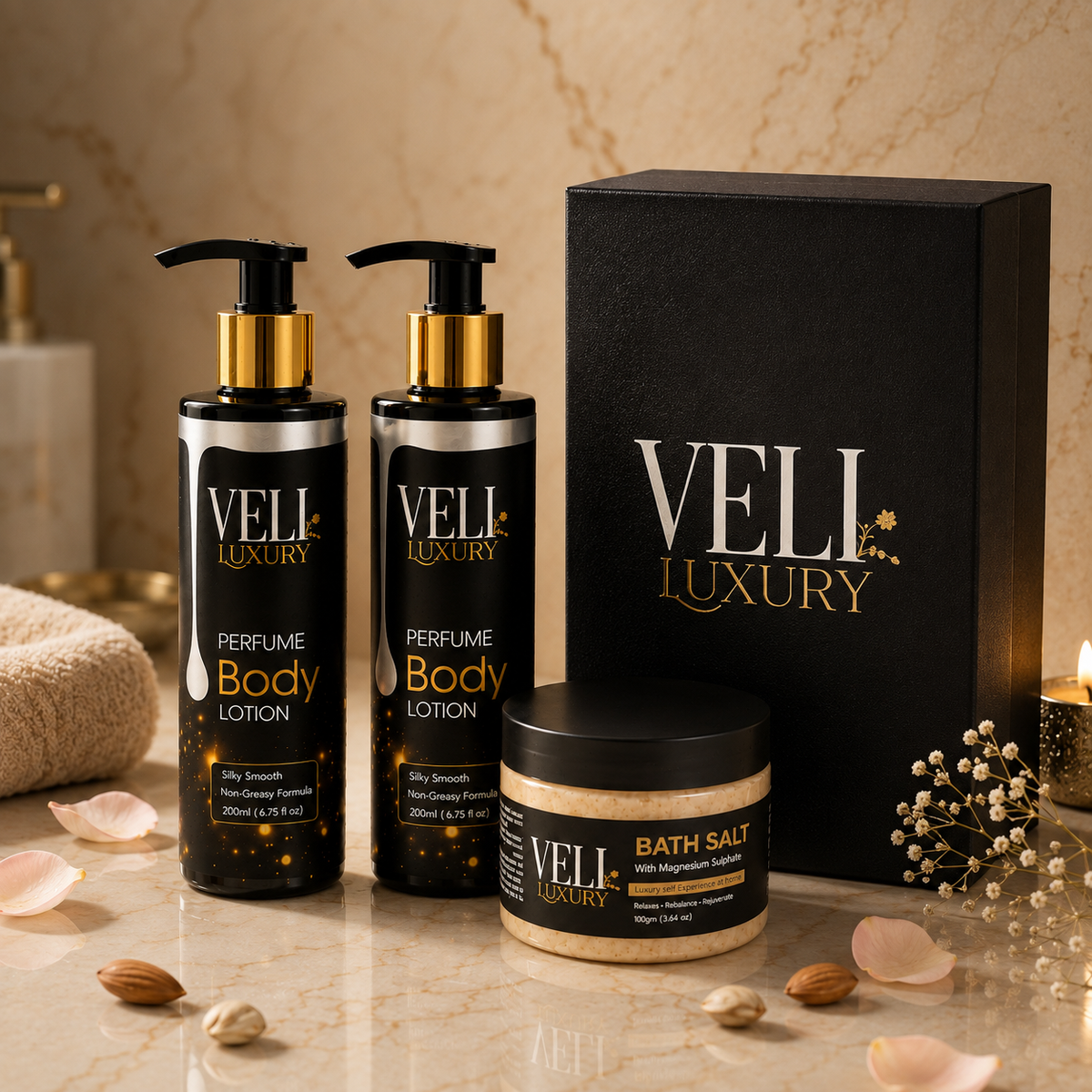 VELI Luxury Perfume Body Lotion Gift Set – 2 Lotions + Bath Salt