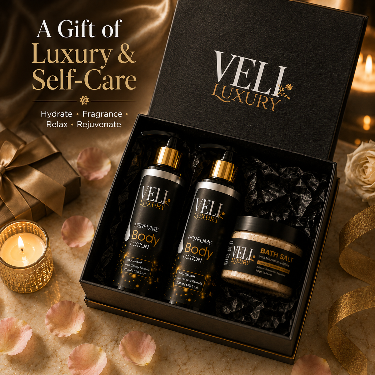 VELI Luxury Perfume Body Lotion Gift Set – 2 Lotions + Bath Salt