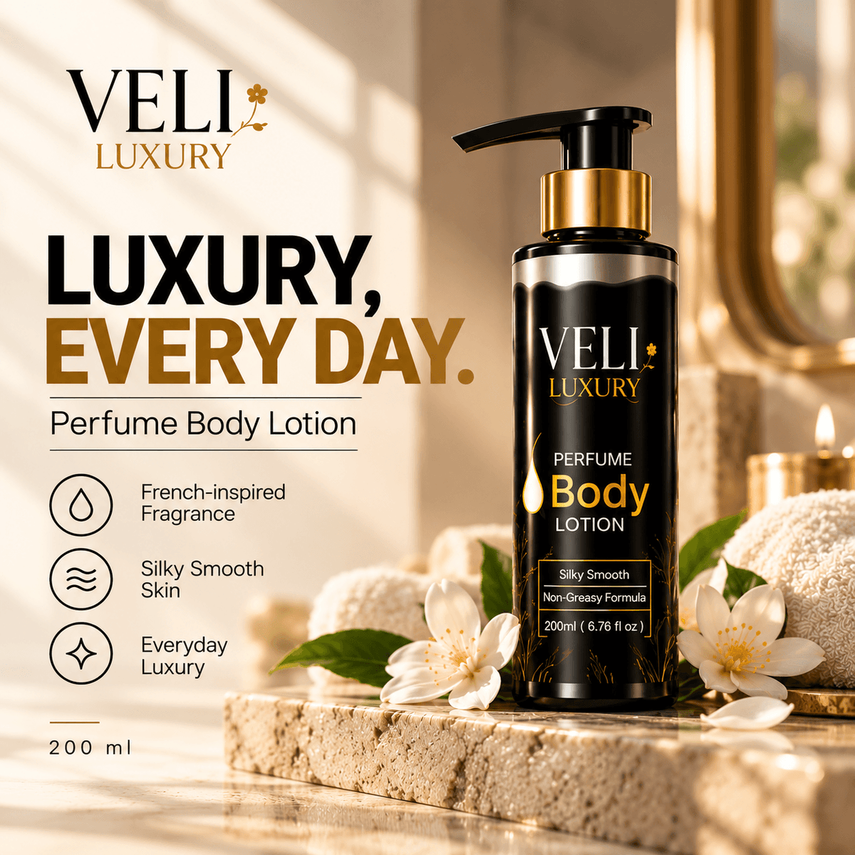 VELI Luxury Perfume Body Lotion  French Scented • 200ml • Silky Non-Sticky Finish