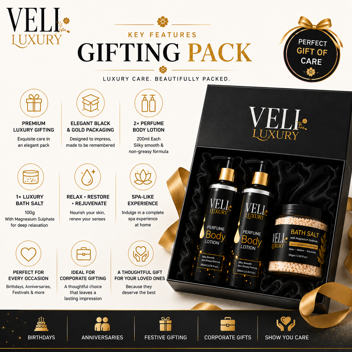 VELI Luxury Perfume Body Lotion Gift Set – 2 Lotions + Bath Salt