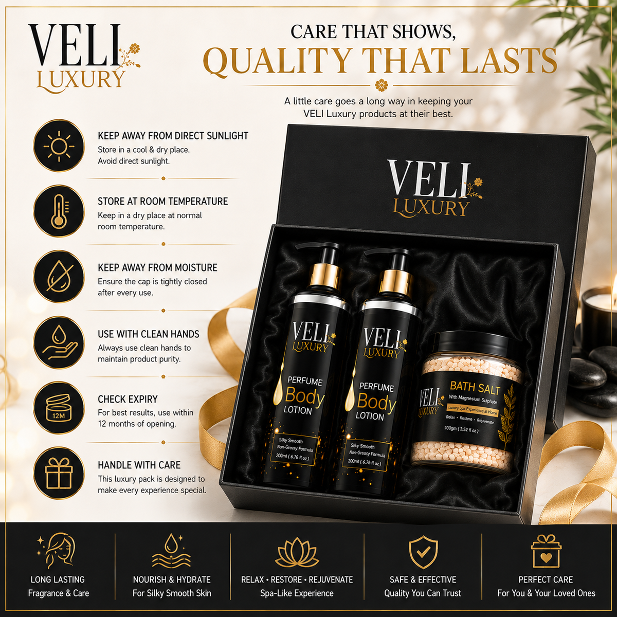 VELI Luxury Perfume Body Lotion Gift Set – 2 Lotions + Bath Salt