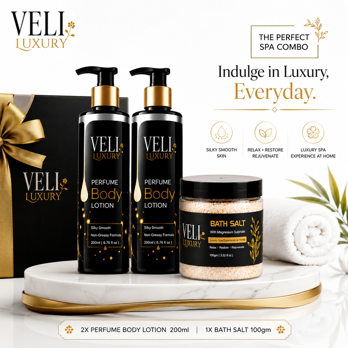 VELI Luxury Perfume Body Lotion Gift Set – 2 Lotions + Bath Salt