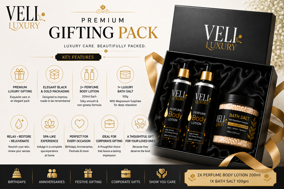 VELI Luxury Perfume Body Lotion Gift Set – 2 Lotions + Bath Salt