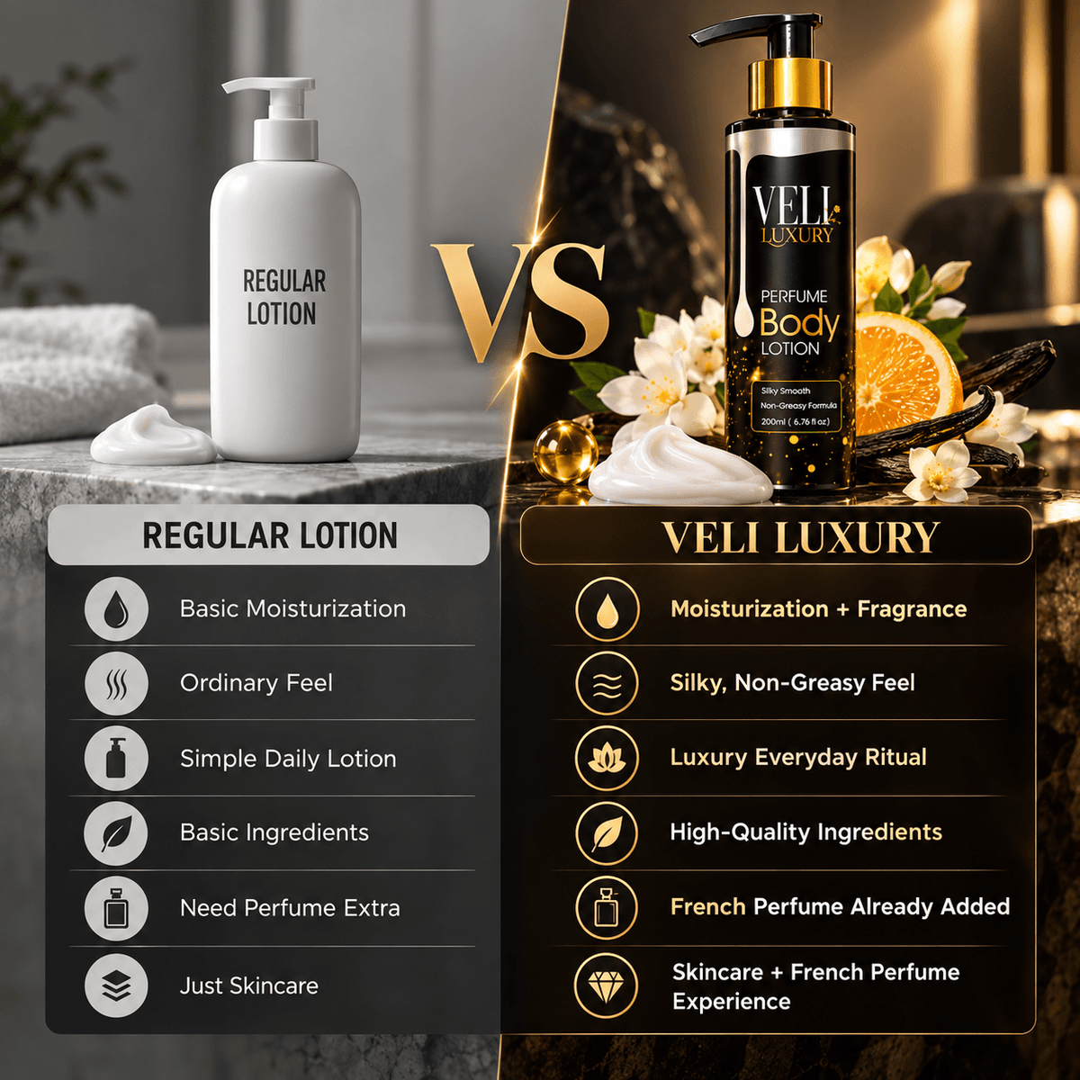 VELI Luxury Perfume Body Lotion  French Scented • 200ml • Silky Non-Sticky Finish