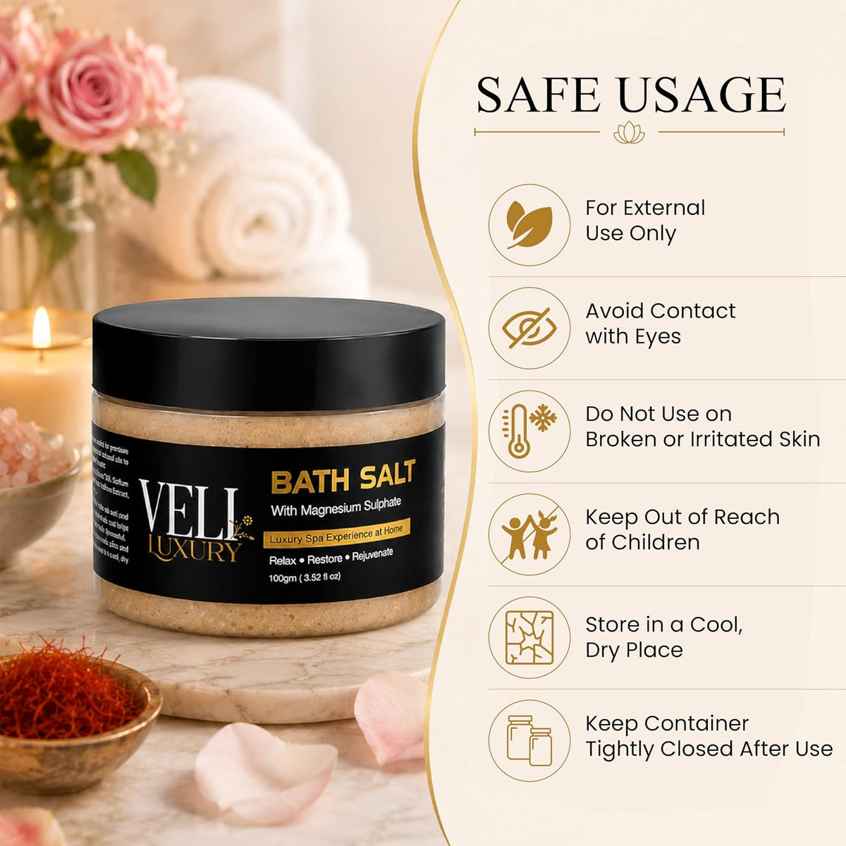 Rose & Saffron Mineral Bath Soak with Almond Oil – 100g